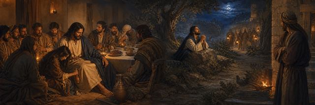 A woman anointing Jesus before the Passover meal and his prayer in Gethsemane as lanterns approach
