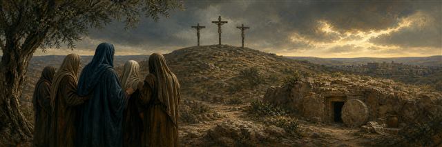 Women looking toward three crosses with Jesus centered as an open rock tomb waits nearby