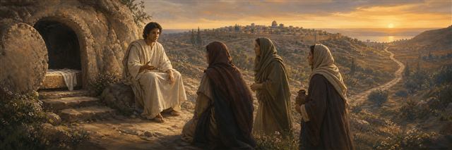 Women meeting a young messenger beside Jesus’ empty tomb as roads lead toward Galilee