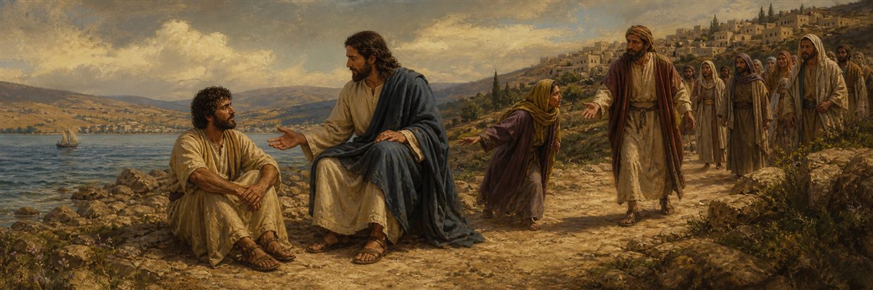 A restored man sitting clothed beside Jesus as Jairus and a woman approach along the lakeshore
