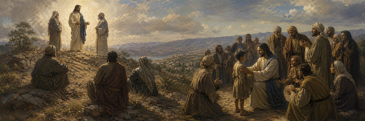 Jesus standing luminous with Moses and Elijah before returning to welcome a child among disciples
