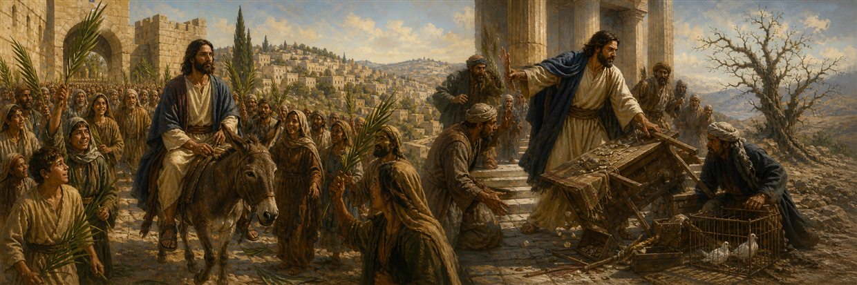 Jesus riding a donkey into Jerusalem and clearing temple tables as a withered fig tree stands nearby