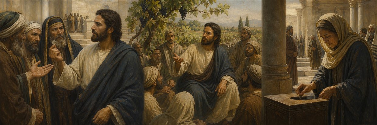 Jesus answering questioners beside vineyard imagery while a widow quietly gives two small coins