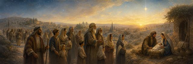 Generations of families approaching Mary, Joseph, and the newborn Jesus near Bethlehem
