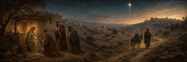 Magi visiting the young Jesus while Mary and Joseph’s road toward Egypt stretches beyond