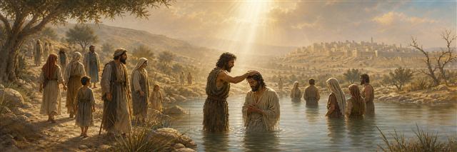 John baptizing Jesus in the Jordan while people approach through the Judean wilderness