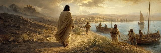 Jesus walking from the wilderness toward Galilee as fishermen leave their nets to follow