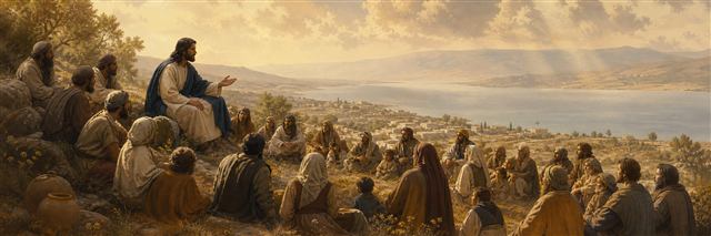 Jesus seated on a hillside teaching disciples and families above the Sea of Galilee