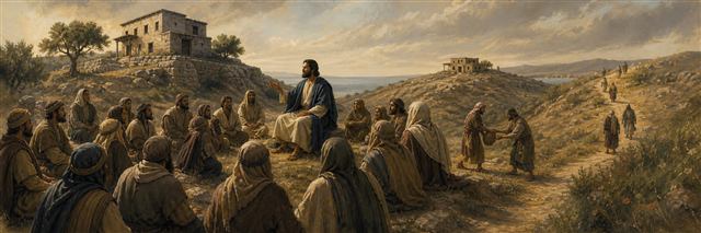 Jesus teaching disciples with a house founded on rock and a narrow path beyond