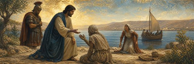 Jesus reaching toward a man with leprosy as a Roman centurion and restored woman look on