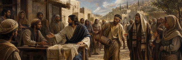 Jesus welcoming Matthew from a tax table while restored people and families gather
