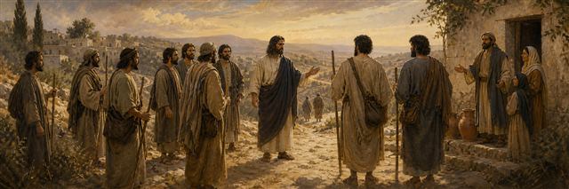 Jesus commissioning twelve disciples on a village road as they prepare to depart in pairs