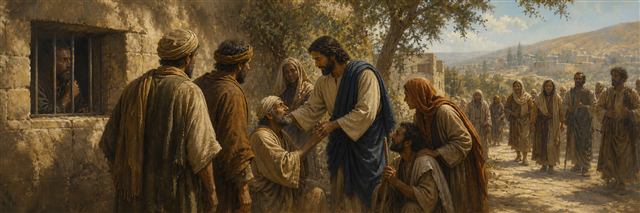 Messengers from John approaching Jesus as restored and weary people gather beside him