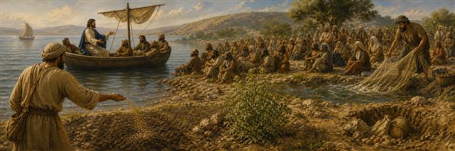 Jesus teaching from a boat as a sower, mustard plant, buried treasure, and fishing net fill the shore