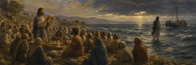 Jesus blessing bread for a hillside crowd while a disciples’ boat crosses stormy water