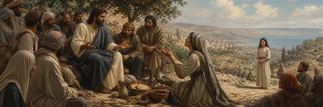 A Canaanite mother appealing to Jesus as her restored daughter and a hillside crowd wait nearby