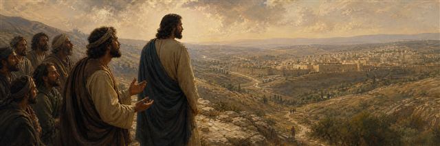 Peter speaking to Jesus among the disciples as a long road leads toward Jerusalem