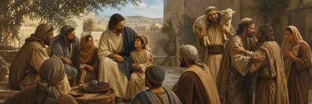 Jesus welcoming a child as a shepherd carries a recovered sheep and neighbors reconcile