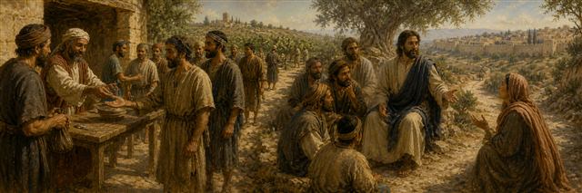 Vineyard workers receiving equal wages as Jesus teaches disciples beside the Jerusalem road