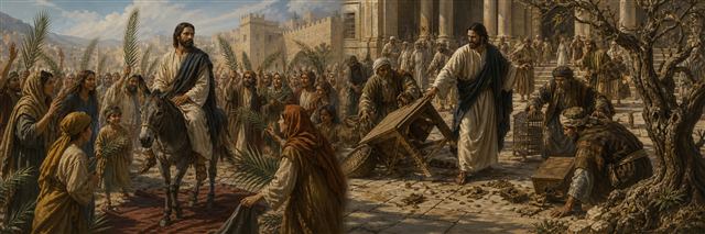 Jesus riding a donkey into Jerusalem as another moment shows him clearing temple tables