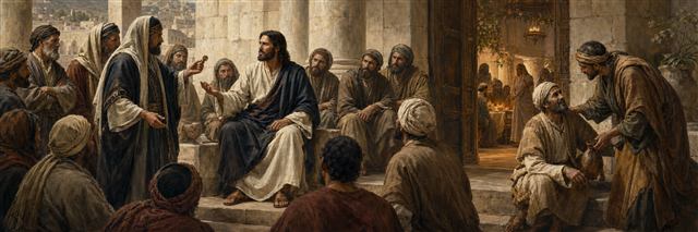 Jesus answering temple questioners holding a coin while an open wedding feast glows nearby