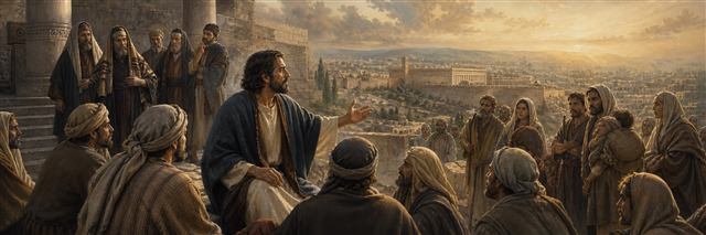 Jesus teaching disciples and burdened families while looking sorrowfully toward Jerusalem