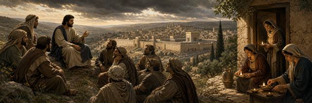 Jesus teaching disciples on the Mount of Olives as Jerusalem darkens and household lamps remain ready