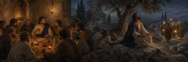 Jesus sharing bread and a cup with disciples before praying in Gethsemane as lanterns approach