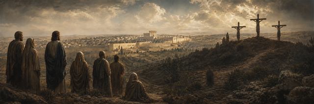 Grieving witnesses looking toward Jesus’ distant cross on a darkened hill outside Jerusalem