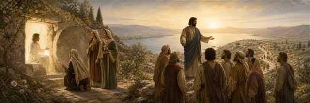 Women beside the open tomb as the risen Jesus commissions disciples on a Galilean mountain