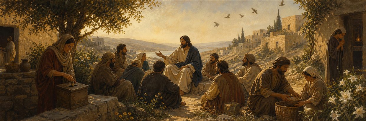 Jesus teaching as people give quietly, pray privately, and gather near lilies and birds