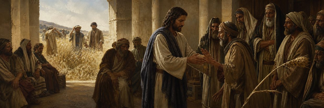 Jesus restoring a man’s hand as disciples return from grainfields and leaders watch