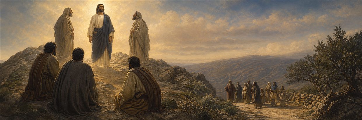 Jesus standing with Moses and Elijah before three disciples on a mountain path
