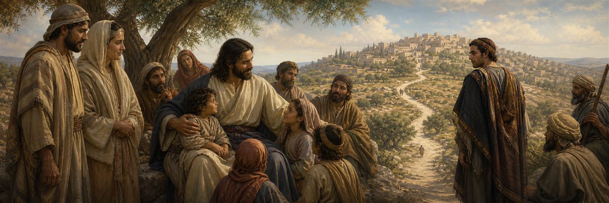 Jesus welcoming children while a wealthy young man stands thoughtfully beside the road