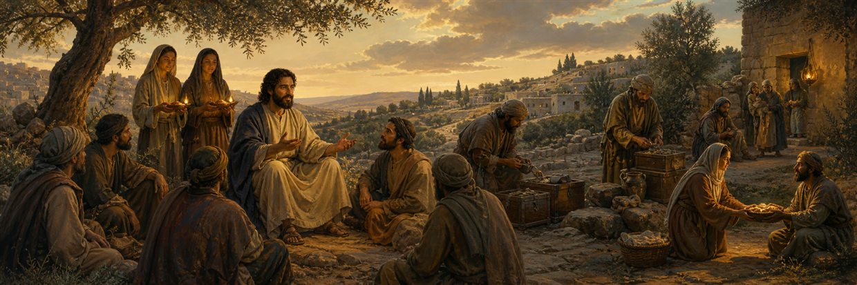 Jesus teaching beside lit lamps as servants steward goods and neighbors feed a hungry person
