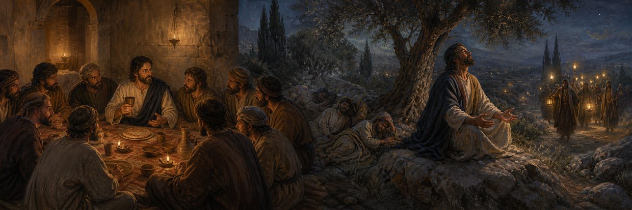 Jesus sharing bread and a cup with disciples before praying in Gethsemane as lanterns approach