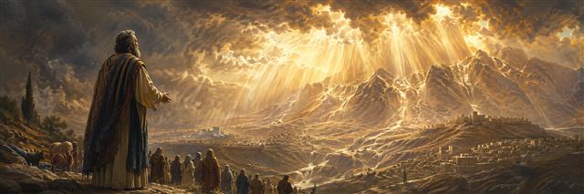 Micah stands above lowland towns as overwhelming light breaks through storm clouds and water streams down mountains toward Samaria and Jerusalem