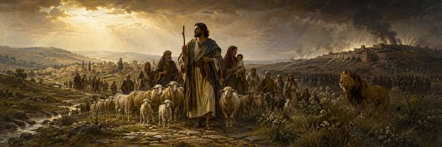 A humble shepherd leads families and sheep from small Bethlehem toward safety while a distant army and threatened city remain under shadow