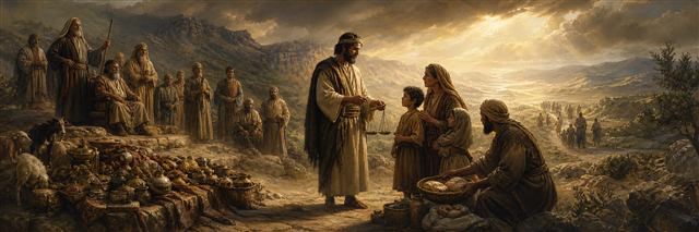 Solemn mountains surround a covenant hearing as a traveler uses honest scales and helps a poor family beside heaps of unused offerings