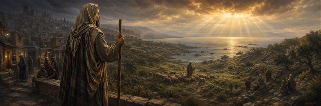 Micah watches dawn break over the sea while a shepherd gathers a flock on green hills and shadowed city officials exchange bribes behind him