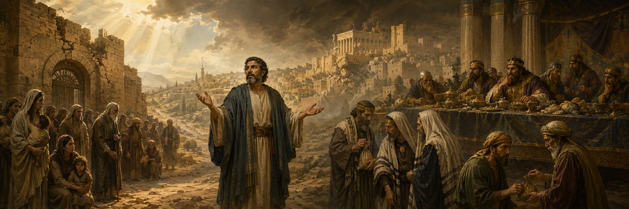 Micah stands in clear light between poor families and wealthy rulers exchanging bribes as grand buildings on Zion begin to crack