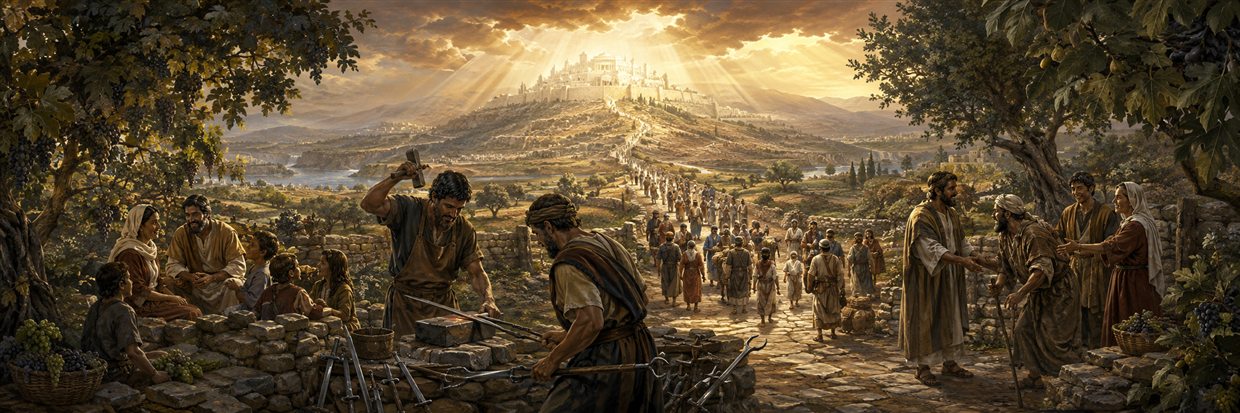 Many peoples walk toward a radiant mountain while smiths reshape weapons into farm tools and families gather safely beneath vines and fig trees