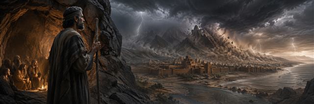 Nahum watches a violent storm shake mountains above distant Nineveh while families shelter safely in a warm-lit rocky refuge