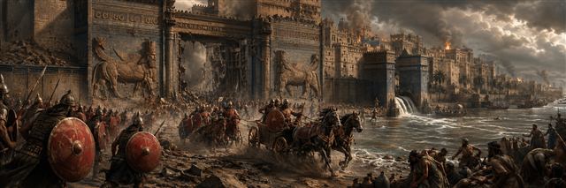 Soldiers with red shields and ancient chariots surge through breached Assyrian gates as river water pours beside the collapsing city