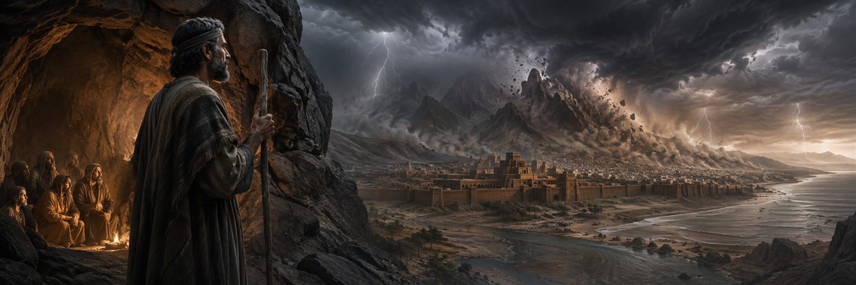 Nahum watches a violent storm shake mountains above distant Nineveh while families shelter safely in a warm-lit rocky refuge
