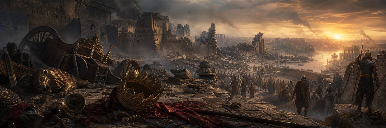 A fallen crown, shattered lion ornament, overturned chariot, and scattered wealth lie above the ruined city of Nineveh at dawn