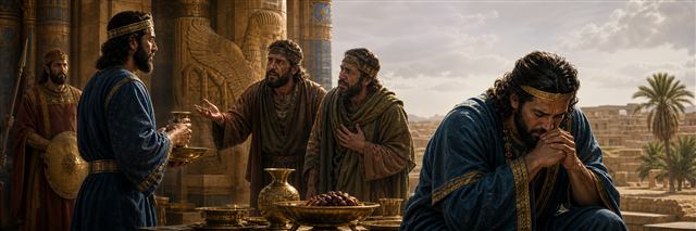 Nehemiah receiving news of Jerusalem's ruined walls before withdrawing in prayer at Susa
