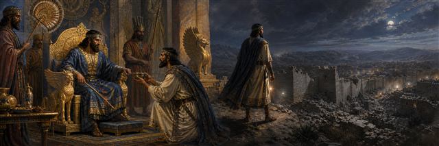 Nehemiah before Artaxerxes and later inspecting Jerusalem's ruined walls by moonlight