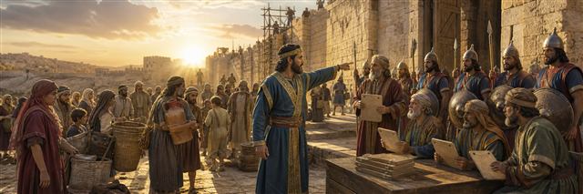 Trusted gatekeepers watching Jerusalem's gates while returning families assemble by household