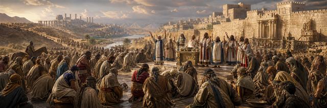 The gathered community in sackcloth confessing as Levites lead prayer before Jerusalem